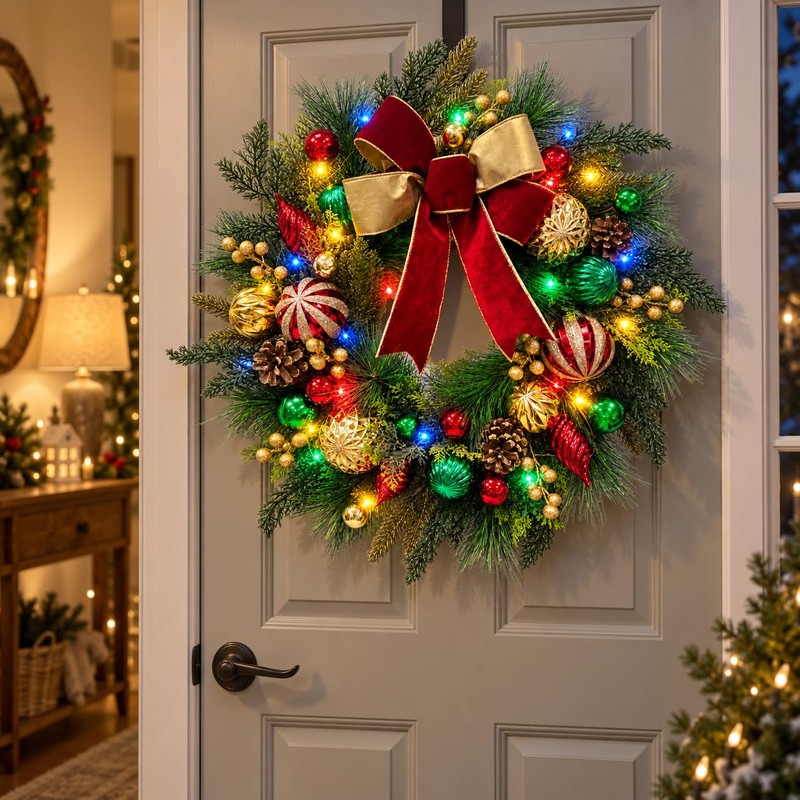 22 Inch Lighted Christmas Wreath with Timer, Red Bow and
