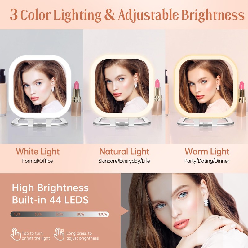 FASCINATE Compact Travel Makeup Mirror with Lights and Magnification, 3.5