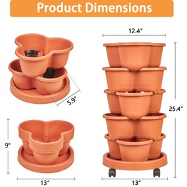 VECELO 5 Tier Vertical Garden Planter, Self Watering Stackable Planters with Wheels for Strawberries, Herbs, Flowers, Vegetables, Red