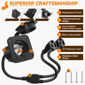 SS VISION 15 Amp AC Port Plug Power Flanged Inlet, 125V RV AC Port Plug Shore Receptacle with 18 Inch Extension Cord, Shore Power Inlet Plug RV Plugs for RV Camper Generator Shed Motorhome Marine Boat