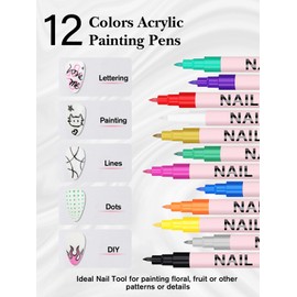 EBANKU 12 Color Nail Art Pens Set 3D 0.7MM Graffiti Acrylic Paint Nail Art Markers Quick-Drying Nail Point Graffiti Dotting Liner Pen Sets for Home & Salon Nail DIY