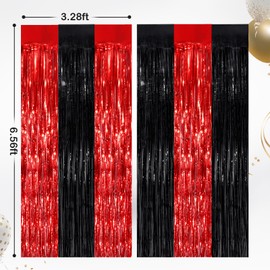 2 Pack Black Red Metallic Tinsel Foil Fringe Curtains, Door Streamers Photo Booth Backdrop for Birthday Party, Tinsel Curtain Backdrop for Baby Shower Bachelorette Christmas Party Decorations