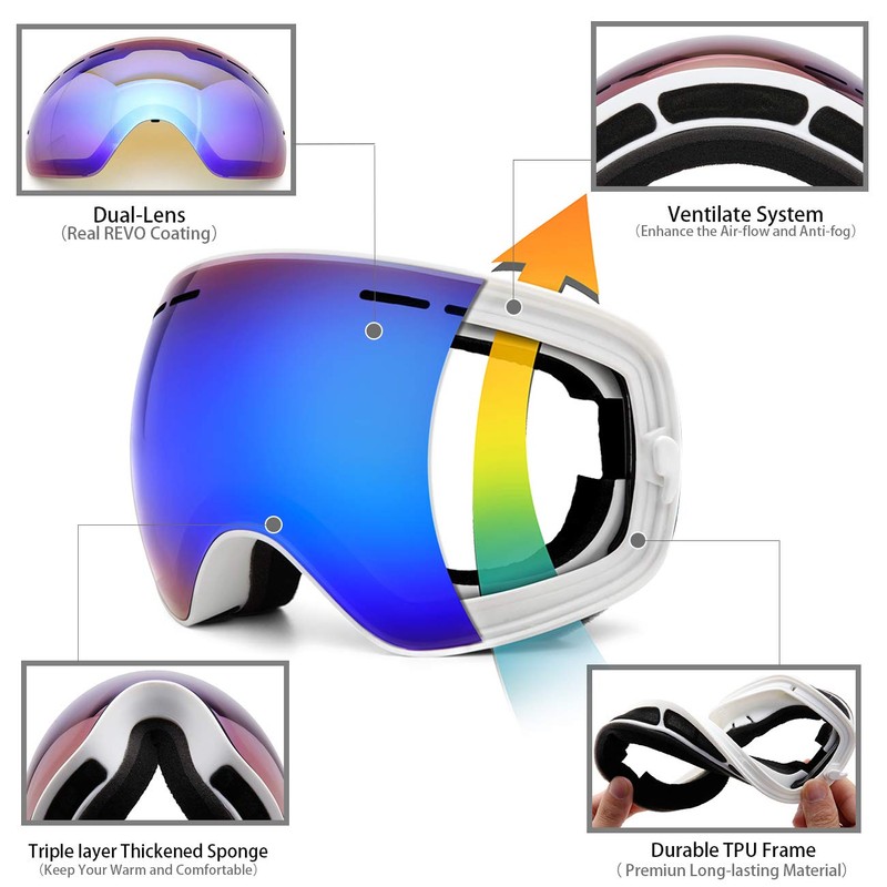 JULI Kids Ski Goggles,Interchangeable Double Layer Spherical Lens,OTG Anti-Fog Snowboard