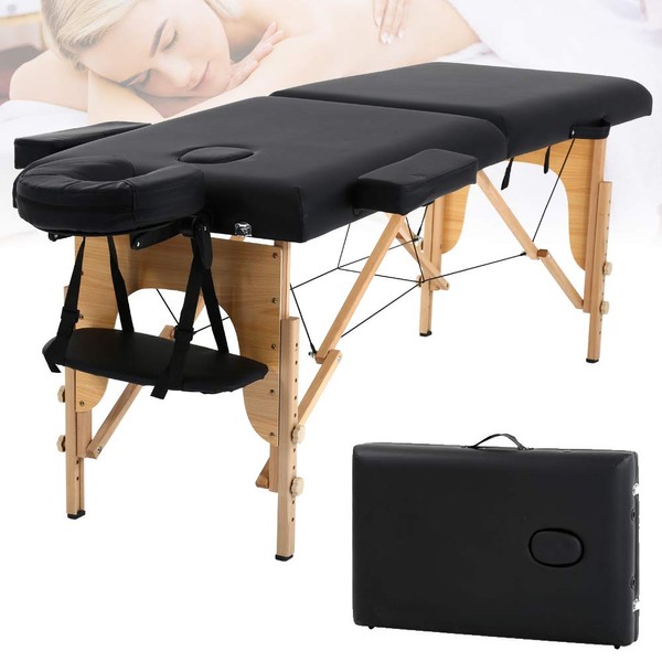 Massage Table Portable Spa Table Folding Wooden Massage Bed 84 Inch Esthetician Bed Spa Lash Bed Salon SPA Tattoo Table W/Carry Case for Therapy, Tattoo, Salon Black