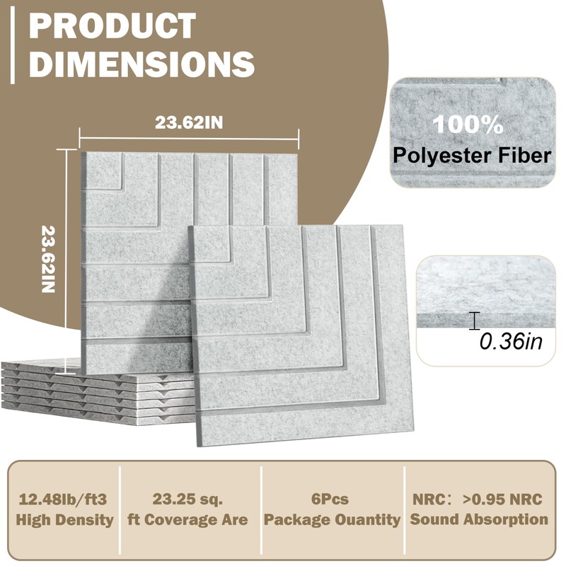 KERRAM Acoustic Wall Panels Self Adhesive 6-Pack 24x24IN Sound Proof