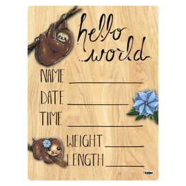 Cohas Hello World Newborn Baby Announcement Printed Wood Sign with Blue Sloth Theme, 5 by 7 Inches, No Marker
