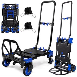 2-1 Folding Hand Truck Dolly,330LBS Capacity Dolly Cart,Foldable Dolly Hand Truck with Retractable Handle and 4 Rubber Wheels,Hand Cart Foldable for Luggage/Travel/Office/Moving