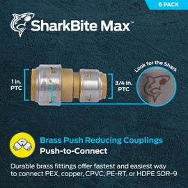 SharkBite Max 1 x 3/4 Inch Reducing Coupling, Pack of 6, Push to Connect Brass Plumbing Fitting, PEX Pipe, Copper, CPVC, PE-RT, HDPE, UR060