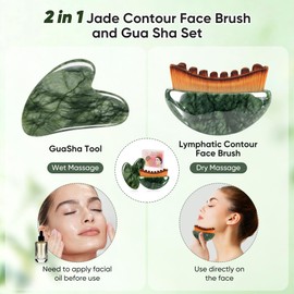 Lymphatic Contour Brushes & Jade Gua Sha Set, 2 in 1 Jade Contour Brushes, Gua Sha Facial Tools, Contour Face Brush for Lymphatic Drainage, Face Massage Gift Set
