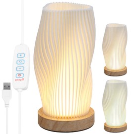 Foribyw Bedside Table Lamp, Novelty LED Modern Nightstand Lamp with Wood Base, Vintage Style Striped Small Night Light Table Lamp, Dimmable Rechargable Desk Lamp for Living Room Kids Room Office Dorm