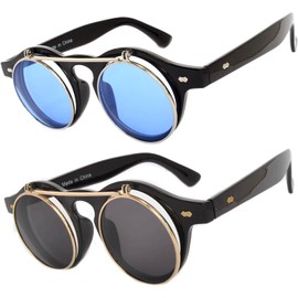 2 Pack Flip Up Steampunk Vintage Retro Round Circle Gothic Hippie Colored Plastic Frame Sunglasses Blue Smoke Lens OWL