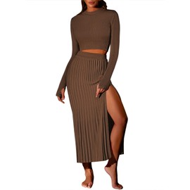 Pink Queen 2 Piece Skirt Sets for Women Sweater Outfits Crop Top Bodycon Knit Winter Going Out Maxi Dresses Khaki M