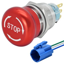 22mm Emergency Stop Push Button Switch Mushroom Metal 29.7mm Head with Wired Socket 304-Stainless Steel Shell 5V-250V