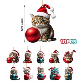 Fivtsme Christmas Tree Cat Pendants, Pack of 10 Cute Cats Christmas Pendants, Christmas Tree Decoration 2D Acrylic Christmas Cat, Acrylic Cat Pendant, Funny Cats Christmas Decoration Car Pendant