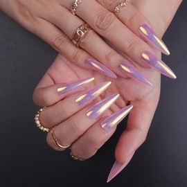 Long Stiletto False Nails - 24Pcs Chorme Pink Almond Press on Nails Extra Long - Glossy Acrylic Fake Nails with Glue - Full Cover Stick On nails Summer Nail for Women Girls DIY Manicure