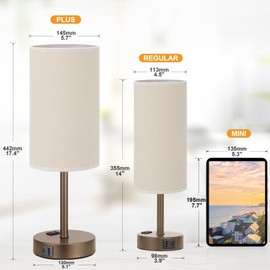 Fenmzee Touch Table Lamp - Beige, 3-Way Dimmable, USB A + C Charging, AC Outlet, 17.4inch Medium, Brown Metal Base