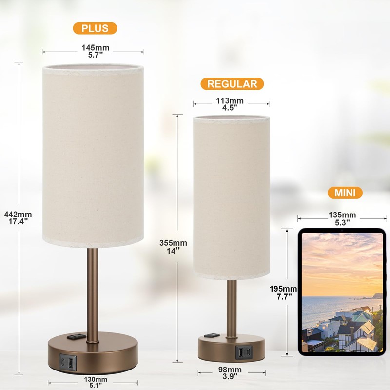 Fenmzee Touch Table Lamp - Beige, 3-Way Dimmable, USB A