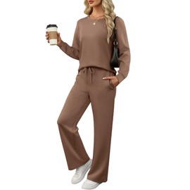 ANRABESS Women's 2 Piece Lounge Sets Casual Travel Outfits Wide Leg Tracksuit Sweatsuits Matching Set 2025 Fall Clothes Brown Large