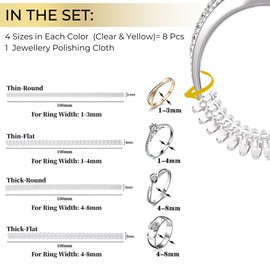 Ring Adjuster for Loose Rings - Ring Tightener - Invisible Ring Sizer Guards for Women and Men - 4 Sizes per Color for Different Band Widths – Yellow & Clear – 8 Pcs