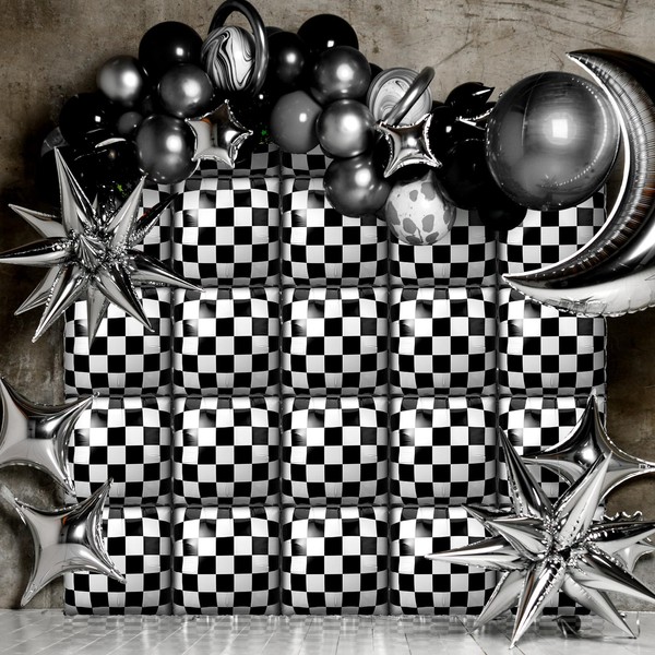 Gejoy 50 Pack Black and White Checkered Square Foil Balloons