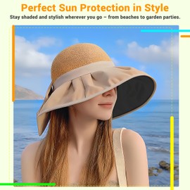Sun Hats for Women UK – Khaki Foldable Wide Brim Straw Hat with Bow, Lightweight Summer Hat for Travel, Beach & Outdoor, UPF 50+ Sun Protection