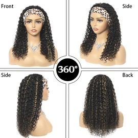 Punmasa Headband Wig Curly 1B/27 Deep Wave 14 Inches Human Hair,Headband wigs for women Glueless None Lace Front Wigs Machine Made 150% Density headband wig human hair with Headbands(14 Inches)