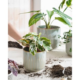 LE TAUCI Ceramic Planters, Set of 3 Plant Pots for Indoor Plants, 8.3+6.9+5.7 inch Flower Pots with Drainage Holes, Large Cylinder Planters Pot for Outdoor Indoor House Plants, Glaze Blue Gray