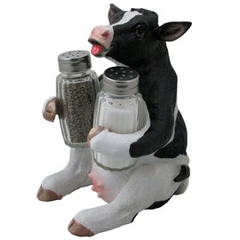 Holstein Cow Glass Salt and Pepper Shaker Set with Holder Figurine in Tabletop Country Kitchen Decor or Decorative Farm Animal Collectible Sculptures As Spice Racks and Rustic Gifts for Farmers