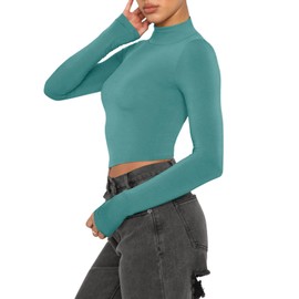 REORIA Women's Cute Basic Mock Turtleneck Long Sleeve Ribbed Tight Tshirts Crop Tops Turtle Necks Aqua Green XX-Large