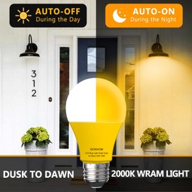 Gonhom Dusk to Dawn Bug Light Bulb Outdoor,2 Pack Amber Bug Light Bulb,Auto On/Off,10W(100W Equivalent),E26 Base,Bug Lights for Outside.Home Hallway Porch Lights.Decorative Lamps.Bedroom