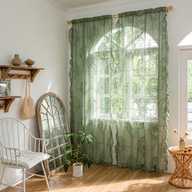 Sutuo Home Olive Green Lace Sheer Curtains 84 Inches Long for Bedroom Living Room Nursery,Rose Floral Embroidery Ruffled Vintage Chic Window Treatment Privacy Drapes, Rod Pocket,W57 x L84, 2 Panels