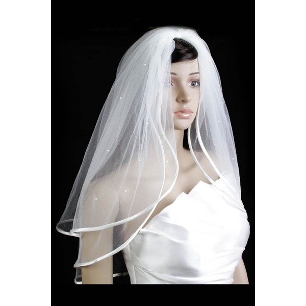 Bridal Veil Ivory 2 Tiers Elbow Length Satin Trim Edge With Scattered Rhinestone