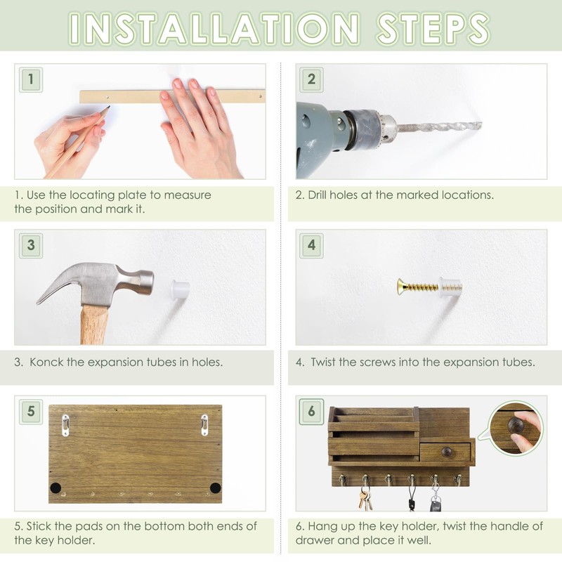 VIS'V Key Holder Wall Mount, Wooden Mail and Key Organizer