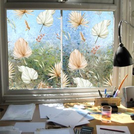 Runtoo Window Privacy Film Rainbow Boho Palm Leaves Window Clings 3D Decorative Vinyl Stained Glass Plant Leaf Decals Static Sticker Non-Adhesive, 15.75 x 40 inches