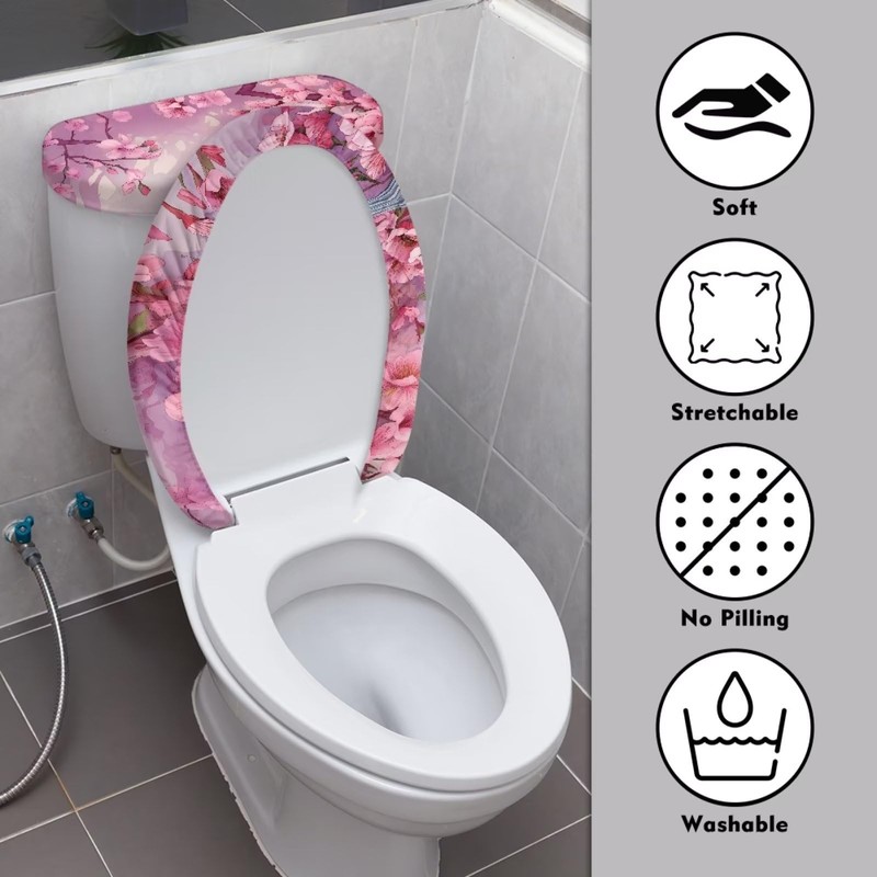 Darisoco Peach Blossom Toilet Lid Seat Cover Set with Elastic