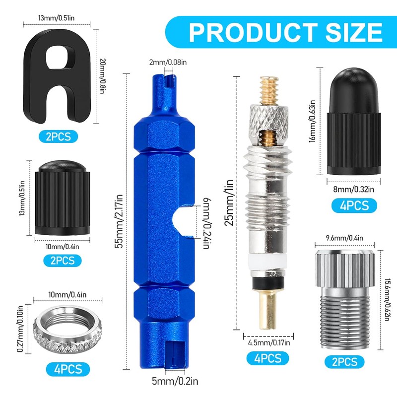 19 Piece Bicycle Valve Set, Presta Valve Core Adapter French