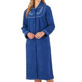 Slenderella Womens Button Up Dressing Gown Soft Boucle Fleece Embroidered Housecoat Medium (Navy)