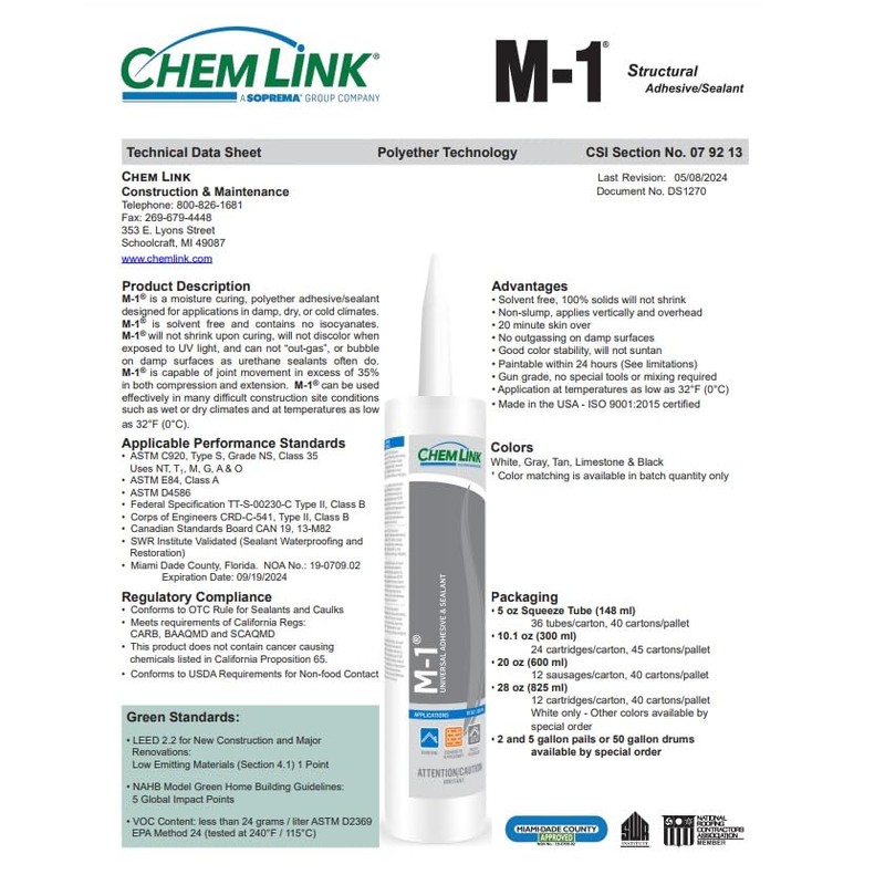 Chemlink M-1 (Gray) Structural Adhesive Sealant 10.1 oz Cartridge (1