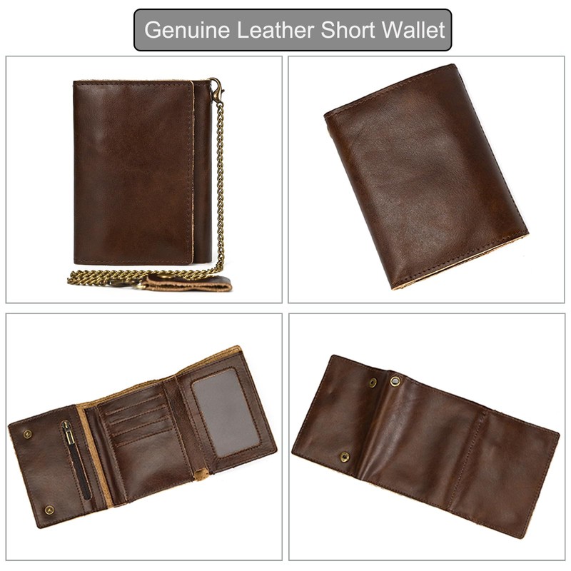 LUUFAN Men's Genuine Leather Short Wallet Trifold Anti-Theft Chain Purse
