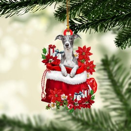 Talataca Whippet in Red Santa Gift Bag Gifts 2D Flat Car Rear View Mirror Accessories Christmas Tree Ornament Decoration Hanging Charm Interior Rearview Pendant Decor Gift