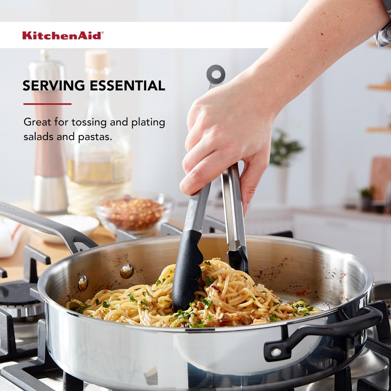 KitchenAid Silicone Tipped Stainless Steel Tongs, Black, 9 Inch