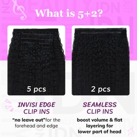 IDN BEAUTY 5+2 Invisi Edge Seamless Clip in Hair Extensions Human Hair Combo Pack, Kinky Straight 18 Inch 110g 5pcs Invisible Edge and 2pcs Seamless Clip ins for Black Women Natural Black No Leave Out