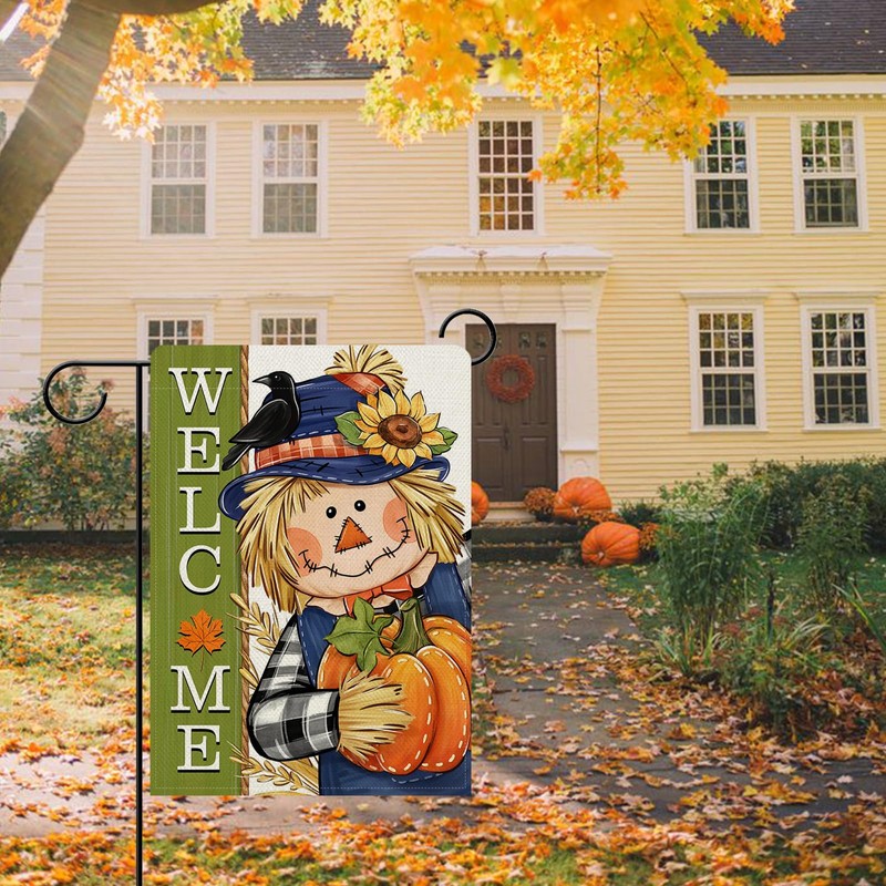Dyrenson Welcome Fall Scarecrow Decorative Garden Flag, Autumn Pumpkin Sunflower