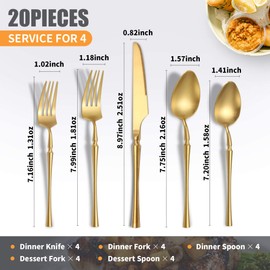 Lemeya 20 Piece Matte Gold Silverware Set,18/10 Stainless Steel Flatware Set Service for 4,Unique Cutlery Set with Canton Tower Handle,Forks Spoons and Knives Set,Dishwasher Safe