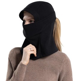 Ponytail Balaclava Ski Mask Full Face Cover Hood Winter Running Motorcycle Women (A-Black)