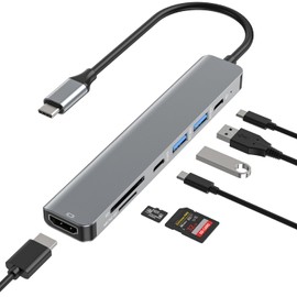 JESWO HUB USB C, 7 en 1 Adaptador USB C a HDMI 4K, USB 3.0, USB 2.0, Lector Tarjeta SD/TF, 5Gbps USB C Datos Puerto, 100W PD Carga, Adaptador Tipo C para MacBook, MacBook Pro, Macbook Air, DELL, etc.