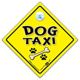 Dog Taxi Sign, Dog On Board Car Sign, Suction Cup Car Window Sign For Cannine Passengers, Yellow and Black Baby On Board Style Sign for Dogs in the Car