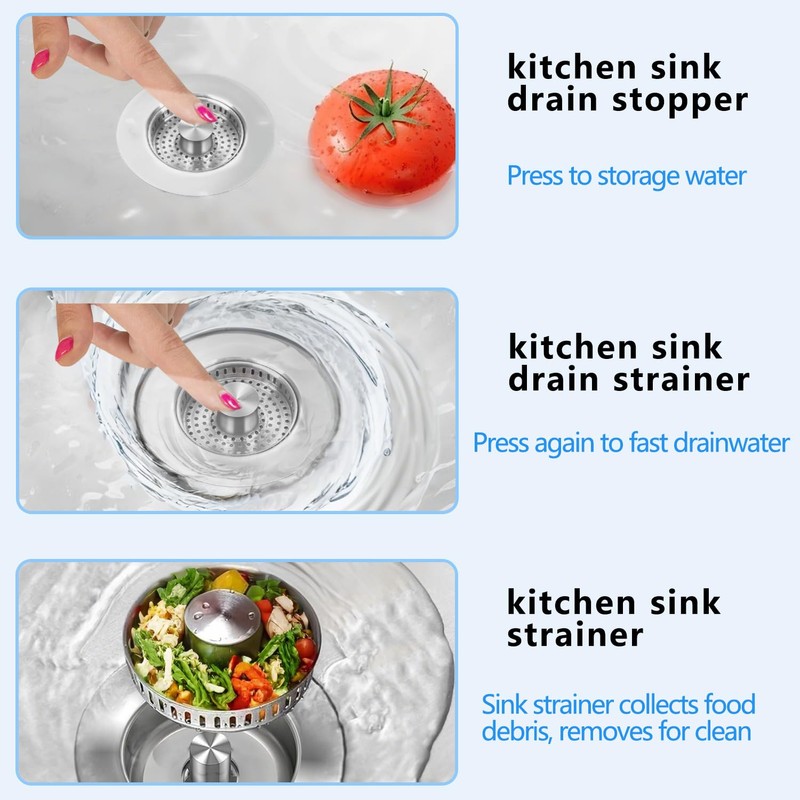 3-in-1 Kitchen Sink Drain Strainer Stopper, Upgraded Stainless Steel Sink