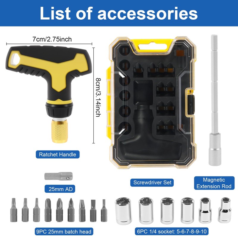 18Pcs T Handle Ratchet Wrench and Screwdriver Set Chrome Vanadium