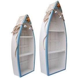 Linfevisi Wood Boat Shelf Decor Beach Theme Standing Boat Shelf Wooden Boat Decor Boat Book Shelf Nautical Decor Standing Boat Display with Net Starfish Seashell Accent Home Decor for Bathroom 2 Pack